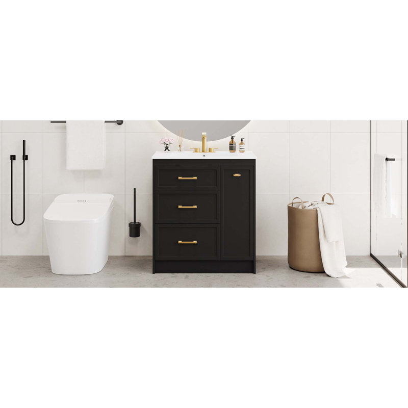 Ensemble de meuble-lavabo classique 30 po, à fixation au sol, avec trois tiroirs, dont un tiroir à double couche, avec de longues poignées dorées - parfait pour les petites salles de bain
