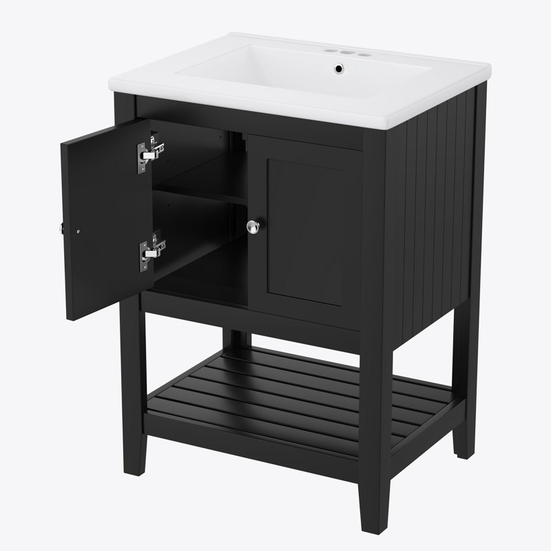 Lavabo de salle de bain moderne élégant en céramique 24 po avec tablette ouverte de style cadre en bois massif (ancien sku: N725P170597B)