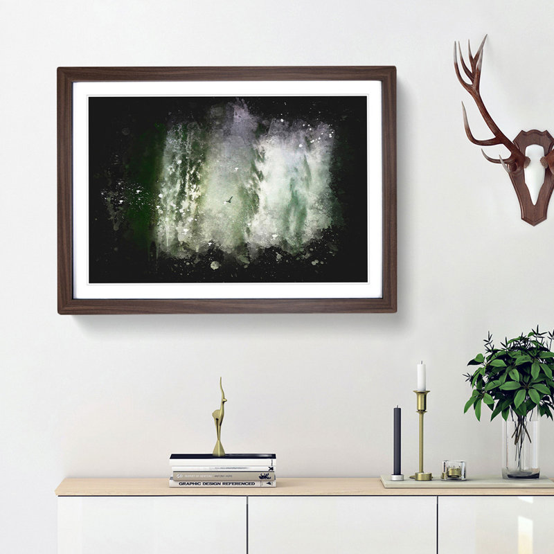 Bird Flying By The Waterfall Paint Splash - Framed Print, Walnut, 62cm H x 87cm W x 2cm D