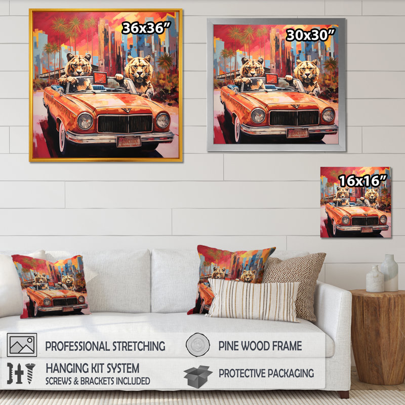 Lions chevauchant un convertible - Art mural lion, H 30 po x l 30 po x P 1,5 po, Encadrement doré