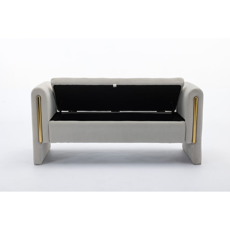 Banc de rangement en velours avec bande de garniture en métal doré 032-Velours, Gris clair