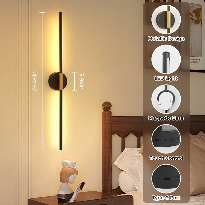 28.46'' Battery-powered  Dimmable LED Wall Sconces with Remote Control, Black And Gold Finish, Set Of 2
