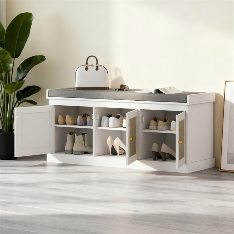 Banc de rangement pour chaussures avec portes en rotin tissé, Grey,White, Grey,White