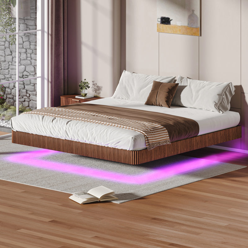 Floating Bed Frame with LED Lights, Oak, Queen