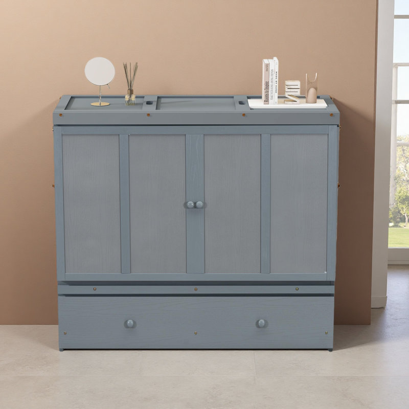 Lit escamotable avec port USB et grand tiroir, Gris, Lit double
