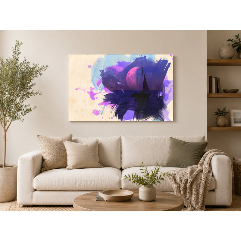 Voilier sous la lune mauve - paysage, art mural sur toile, 14" W x 11" H
