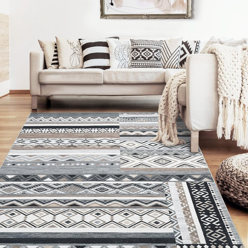 Vintage Patchwork Rug Washable Grey Hallway Non Slip Geometric Carpet Stain Resistant Tribal Soft Mat Low Pile Foldable