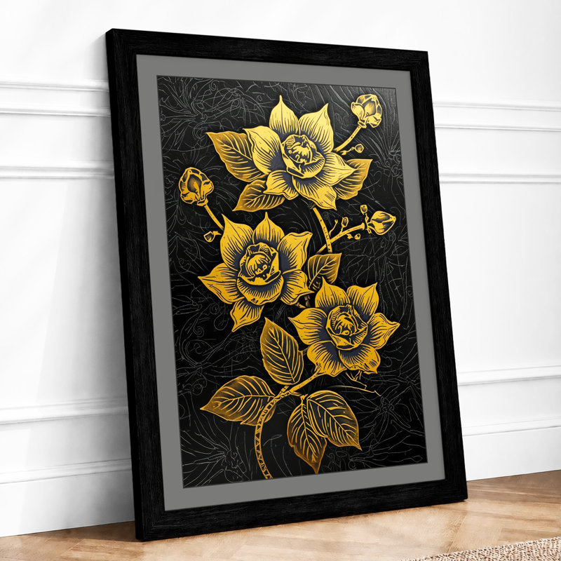 Golden Roses Botanical - Framed Print, A2 - 59.4 x 42.0 cm, Black
