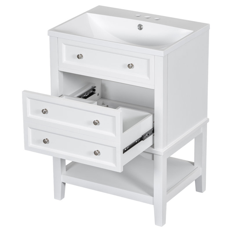 Meuble-lavabo 24 po avec lavabo, armoire de rangement avec tiroir et tablette ouverte, structure en bois massif