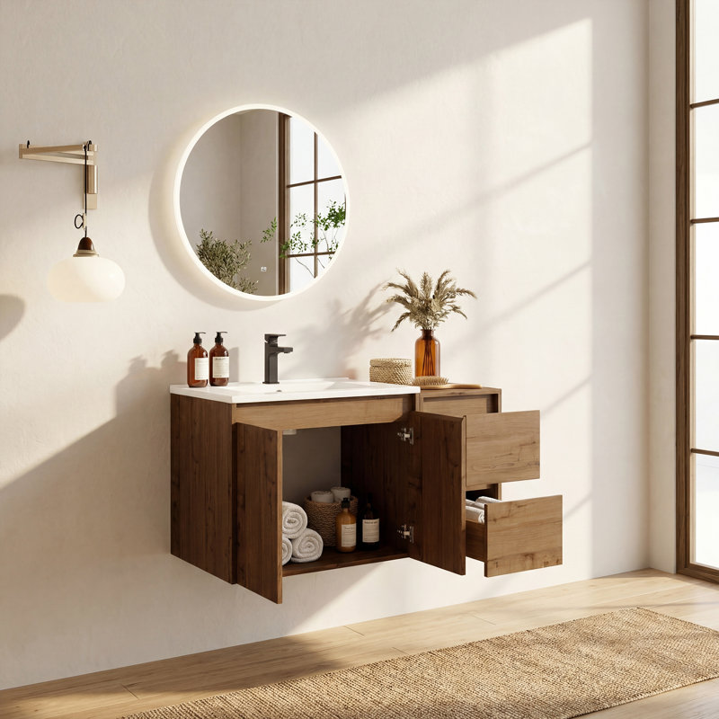 Meuble-lavabo flottant simple 36 po avec lavabo en céramique et conception sans poignée, 36"