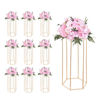 Présentoir à fleurs pour mariage, ensemble de 10 supports à fleurs en colonne de 60 cm (23,62 pouces), supports floraux en stratifié acrylique, présentoirs hexagonaux cubiques pour mariage, fête, anniversaire, maison, supports dorés français