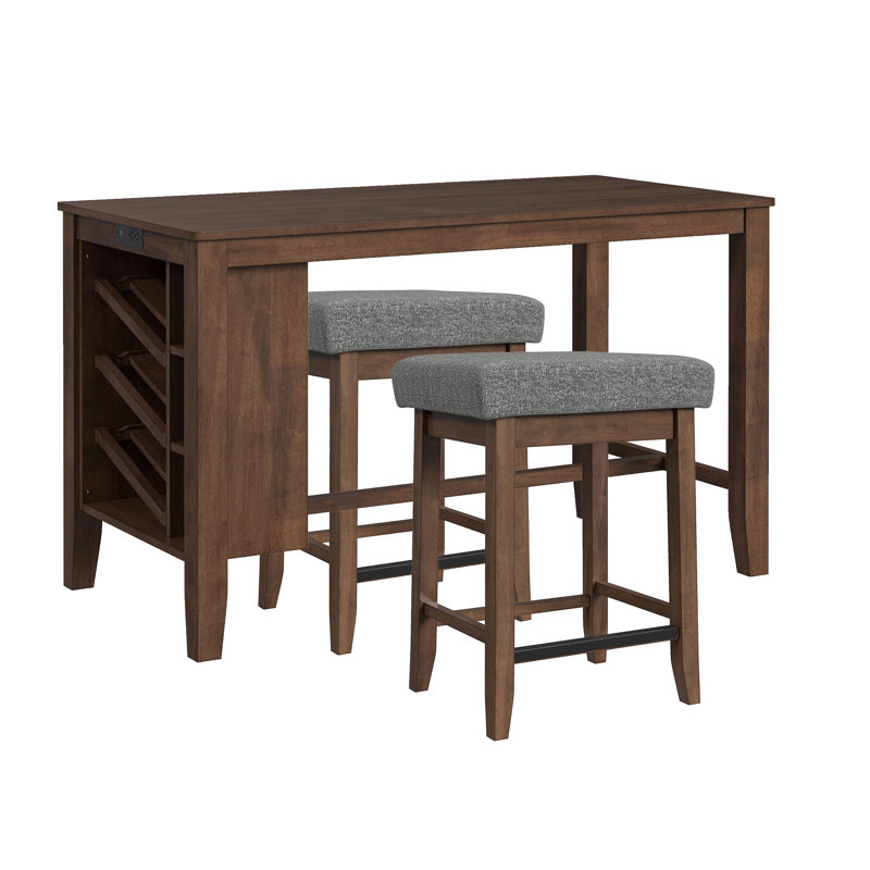 Kitchen Island & 2 Counter Stools with Dark Grey Fabric in Walnut