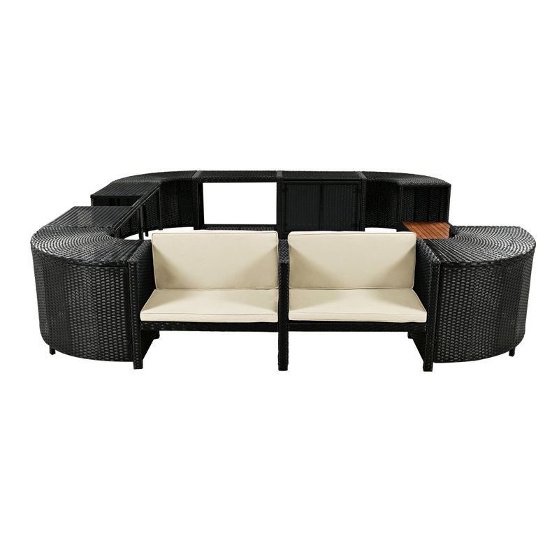 Spa Surround Spa Frame Quadrilateral Outdoor Rattan Sectional Sofa Set With Mini Sofa,Wooden Seats And Storage Spaces, Beige