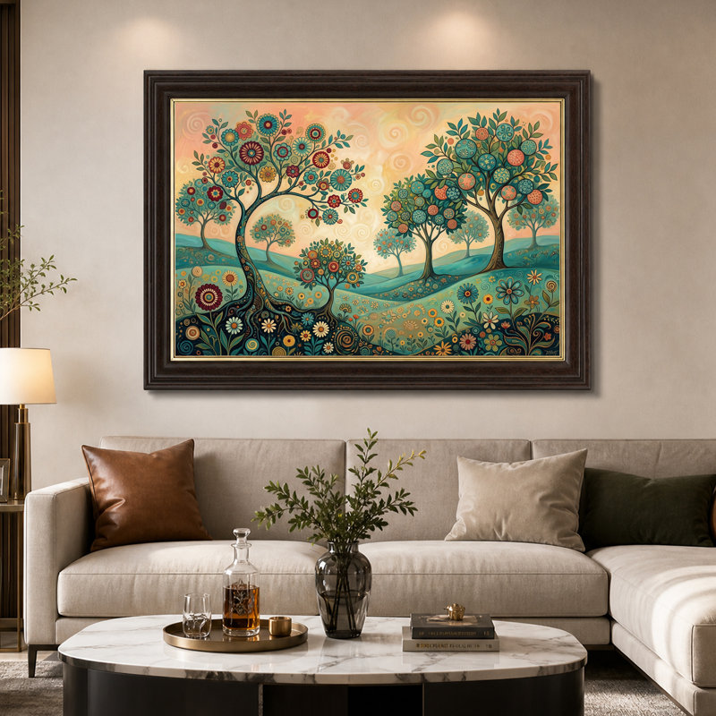 «Teal and Orange Stylized Trees on Rolling Hills Landscape», art mural sur toile, 16"H x 24"W