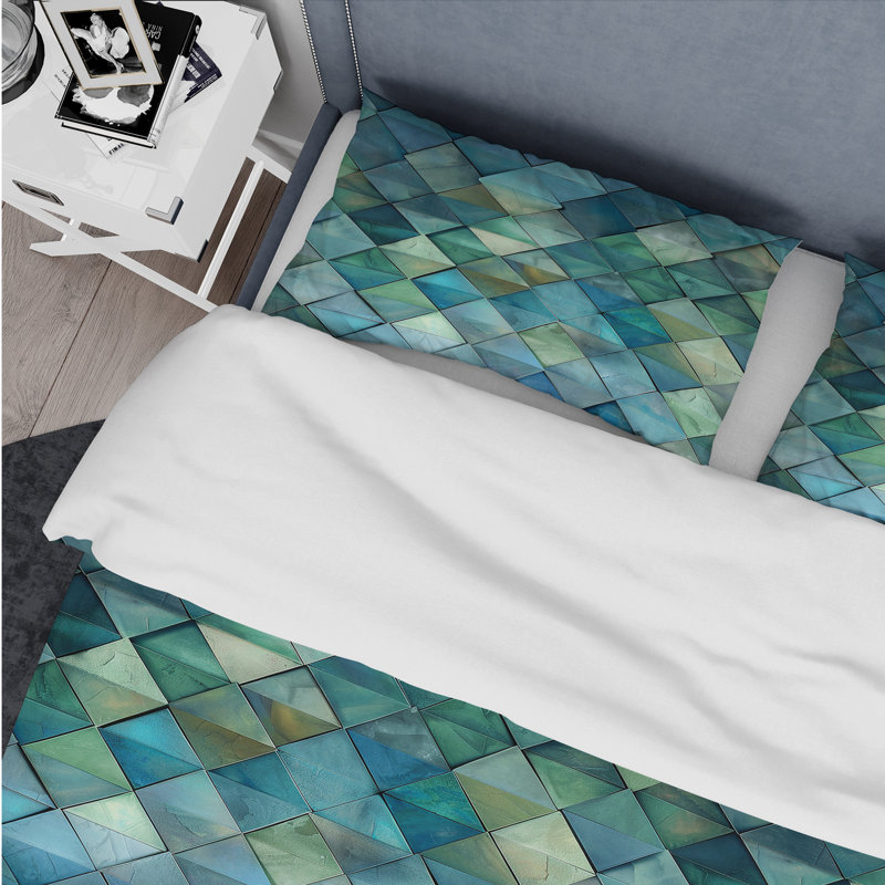 Ensemble de housse de couette Blue Green Modern Geo II - Tiles, Housse de couette pour grand lit et 2 taies décor