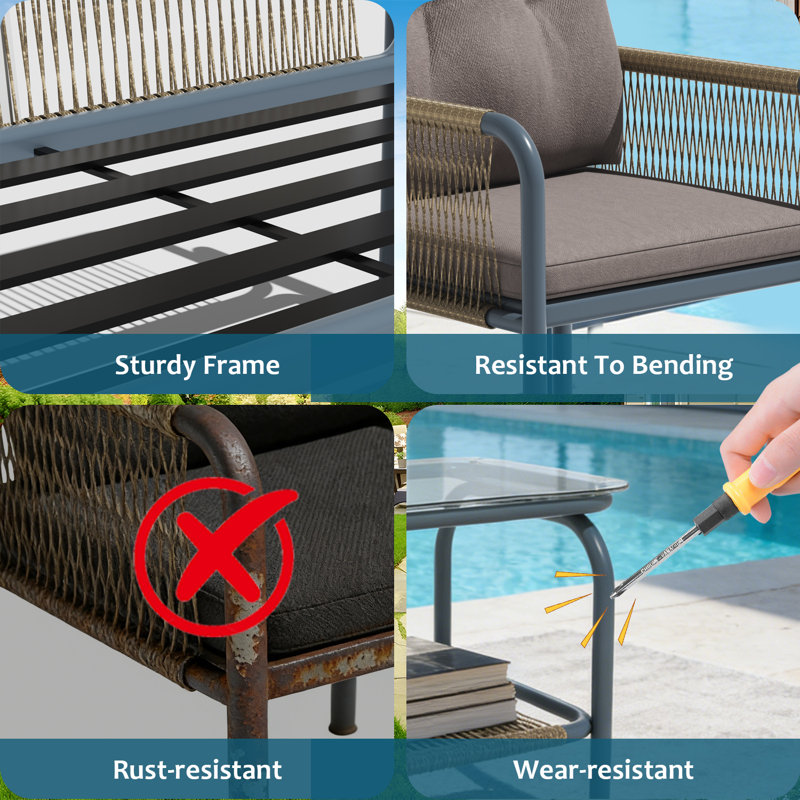 4-Piece Outdoor Patio Conversation Set: Rattan Sofa with Glass Coffee Table and Removable Gray Cushions