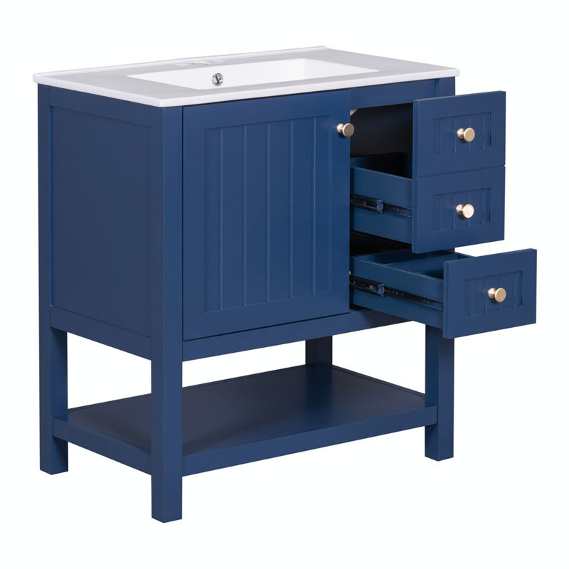 Meuble-lavabo simple de 30 po avec plateau en bois manufacturé Tiyanna, Bleu