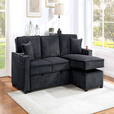 Contemporary Style Convertible Sectional Cup Holder Usb And Usb-C Port Storage Chaise Matching Pillows Pull Out Extension Black Finish Primary Living Room