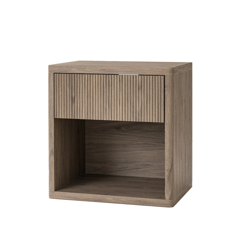 Table de chevet grise en aulne gris avec grand tiroir et tablette ouverte, table de chevet large moderne avec panneau à forme d'ondes, table de bout courbée Mid-Century pour chambre à coucher, salon, bureau