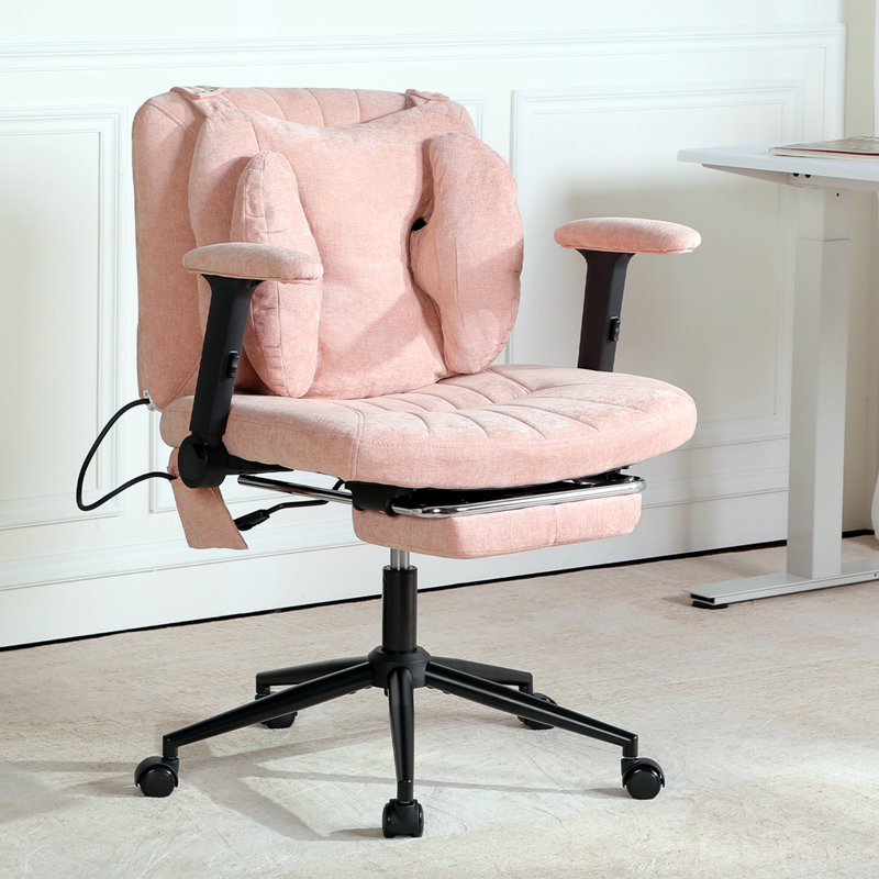 Criss Cross Legged Home Office Chair With Flip-Up Butterfly Back, Wide Seat Desk Chair With Flip-Up and Adjustable Arms, Wheels and Airbag Lumbar Support, Modern  Chair For Home Office (PINK)