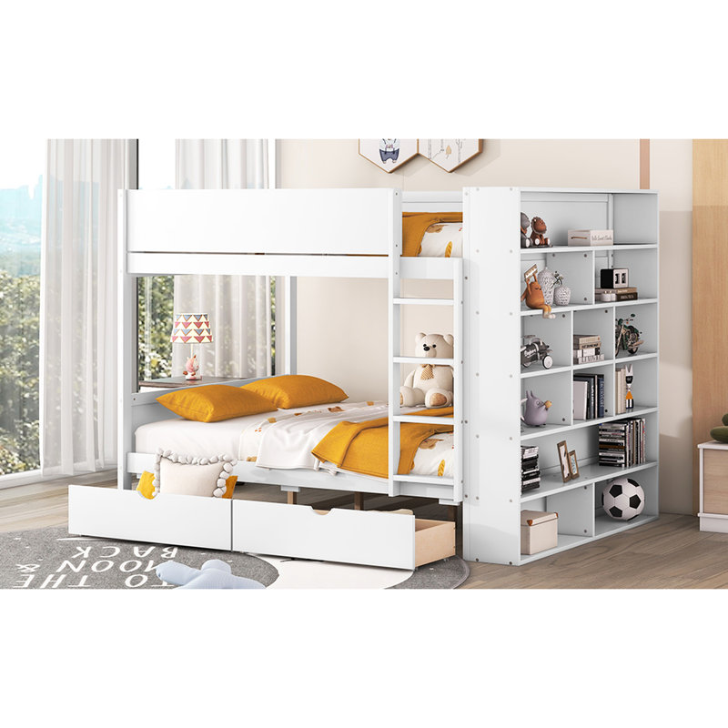 Lit superposé blanc avec tiroirs et armoire pour plus de rangement - confortable, sécuritaire, pleine sur plusieurs tiroirs, maximise l'espace de vie