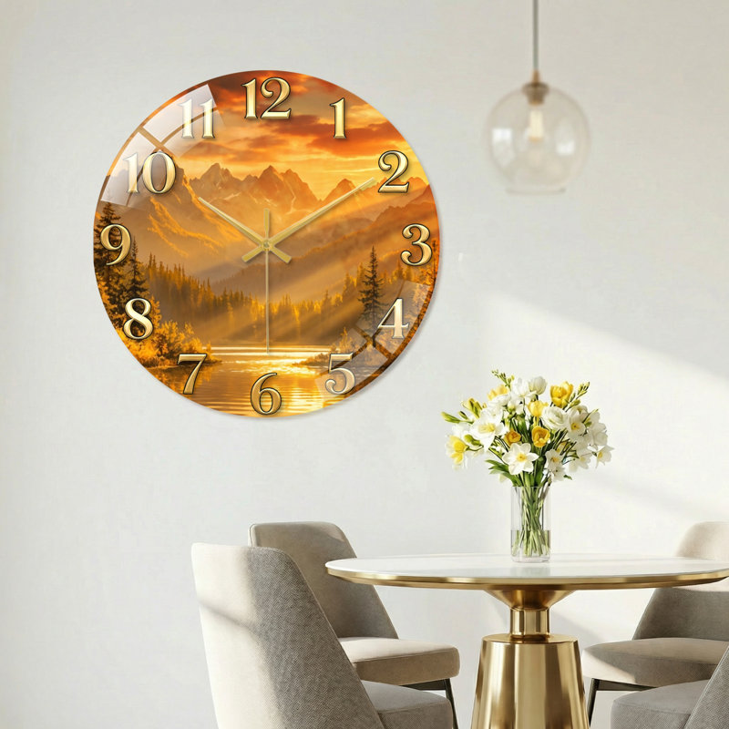 «Mountain Sunrise», horloge murale en verre, 40 x 40 cm (15,7 x 15,7 pouces)