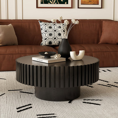 Round Coffee Table Handcrafted Relief Sturdy Pedestal Wooden Olive-Shaped Tea Table For Living Room, Coffee Table
