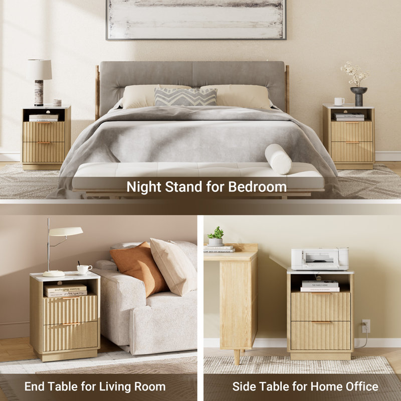 Jenkins 18''W Fluted Nightstand with Charging Outlets 2-Drawer & Open Cubby,Wood nightstand, Oak Wood Grain/White Stone