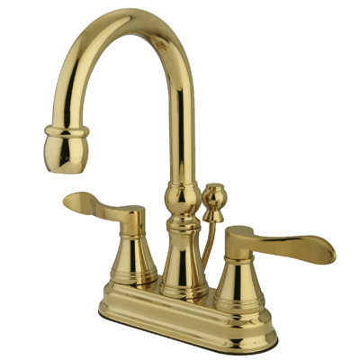 Kingston Brass NuFrench Two-Handle 3-Hole Deck Mount 4" Centerset Bathroom Faucet with Brass Pop-Up