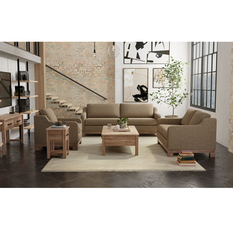 Structure et base en bois Ditte, causeuse, Polyester brun clair incorrect, H 36,75 po x l 60,5 po x P 38,5 po