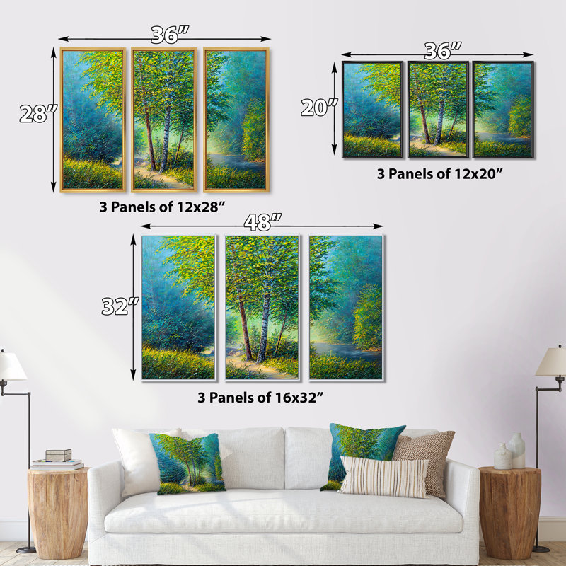Three Vibrant Trees By The River - 3 pièces, reproduction sur toile, Cadre noir, L 36 po x H 28 po