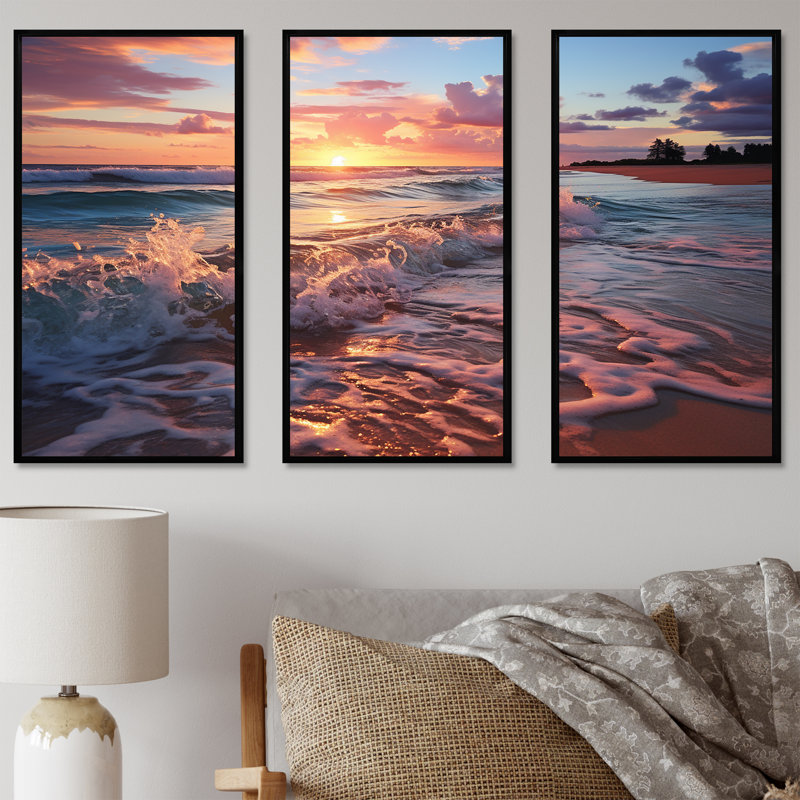 «Beachside Sunset Horizon 5 - Rose», art mural, H 28 po x l 36 po x P 1 po, Cadre flottant noir