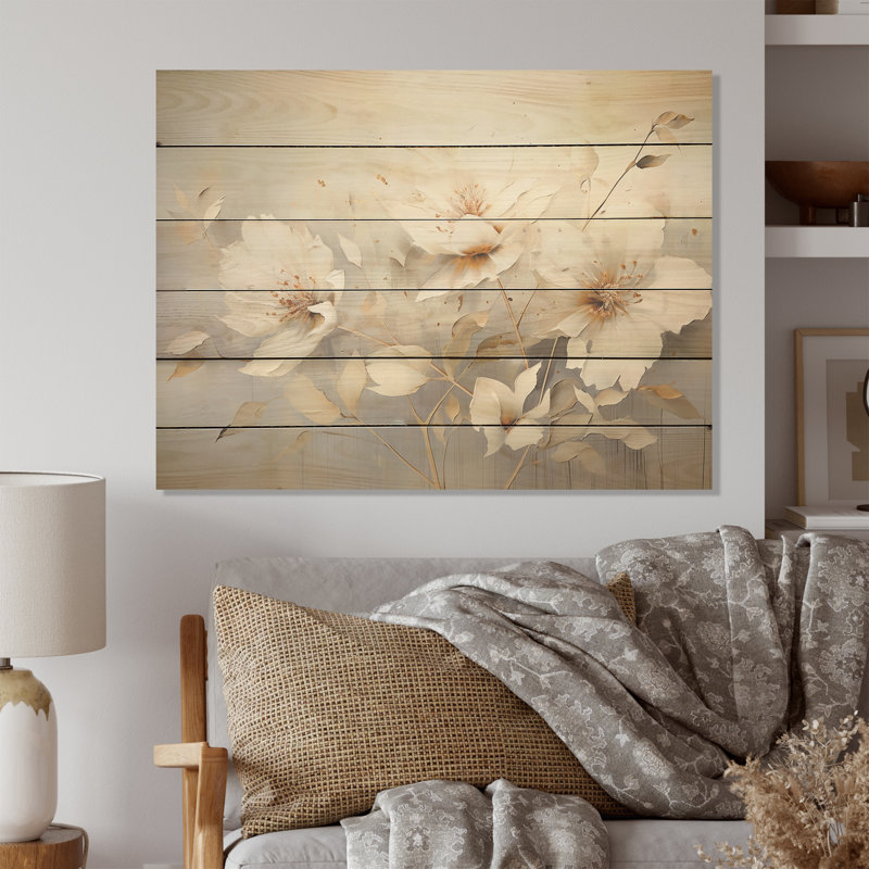 Beige fleurs saisonnières simples - fleurs saisonnières, art sur bois de pin naturel, H 10 po x l 20 po