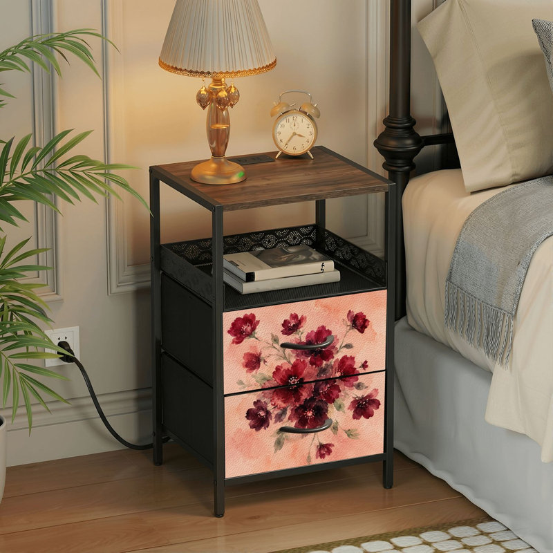Table de chevet 2 tiroirs avec station de charge, table de chevet avec ports USB et amp; Table de chevet noire Outlet