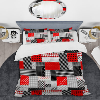 Red And Grey Patch Patchwork Polyester Patchwork Duvet Cover