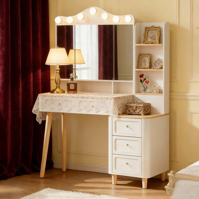 Bureau de meuble-lavabo avec miroir à trois côtés pliable 3 couleurs d'éclairage, 2 barres d'alimentation USB et 5 tiroirs