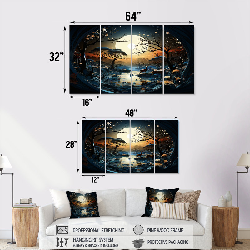 «Dreamy Moonlit Jungle I», ensemble d'art mural abstrait 4 pièces, H 28 po x l 48 po