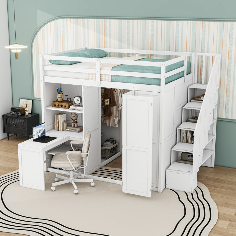 Lit mezzanine avec garde-robe, bureau et tablettes, Blanc
