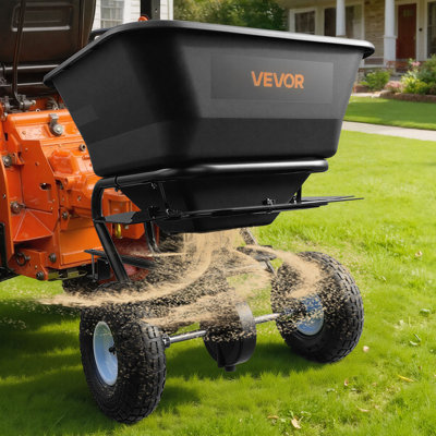 Tow-Behind Spreader, 9.8 ft Spreading Width, Broadcast Spreader with 10" All-Terrain Tires, 85 lbs Capacity Hopper, Adjustable Flow Control, Lawn Spreaders for Seed Fertilizer Ice Melt