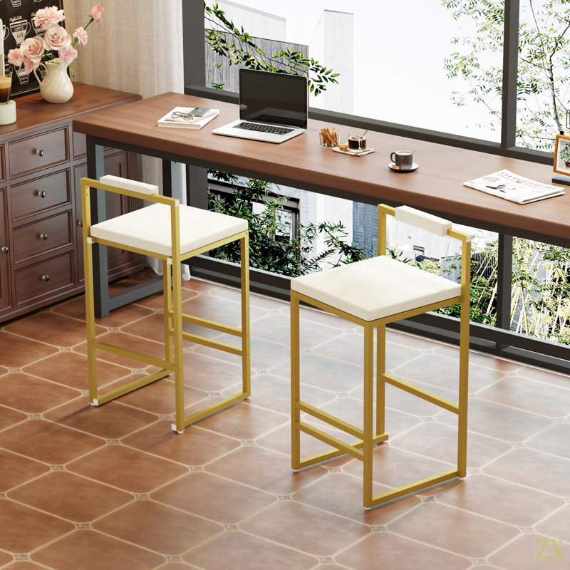 Ensemble de 2 tabourets de bar rembourrés en velours avec tabourets de cuisine modernes, Doré, Blanc