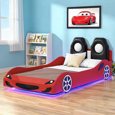 Pour les chambres d'enfant, lit plateforme de voiture de course double en similicuir avec finition DEL rouge et dossier rembourré