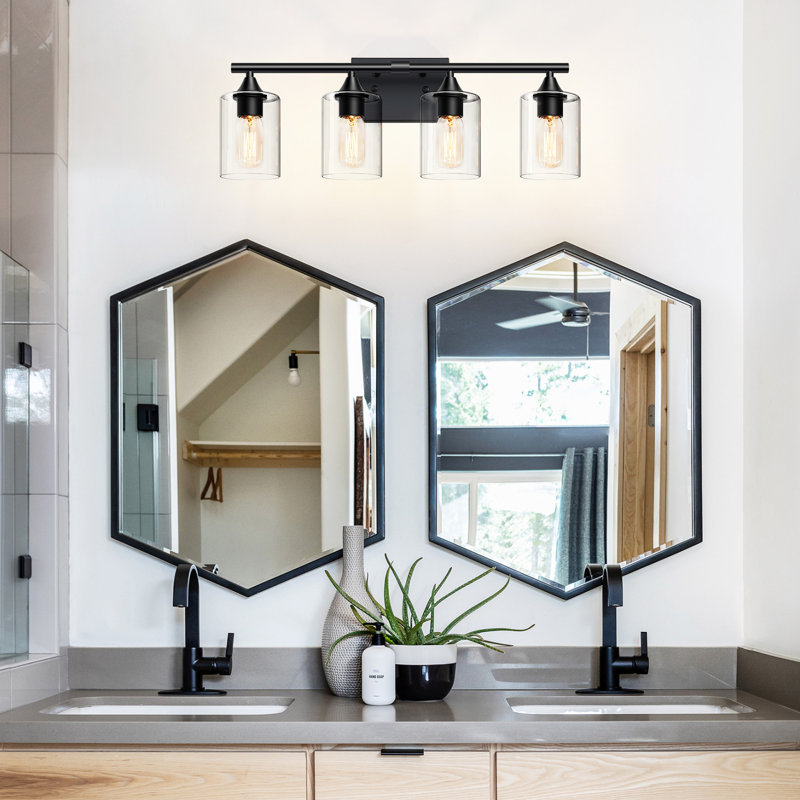 Luminaire de meuble-lavabo noir mat avec abat-jour en verre transparent et fixation murale réversible, 4