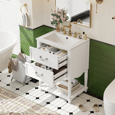 24'' Bathroom Vanity With Ceramic Sink, Vintage Elegant Wave Design, Two Soft-Close Drawers And Open Shelf For Modern Bathrooms