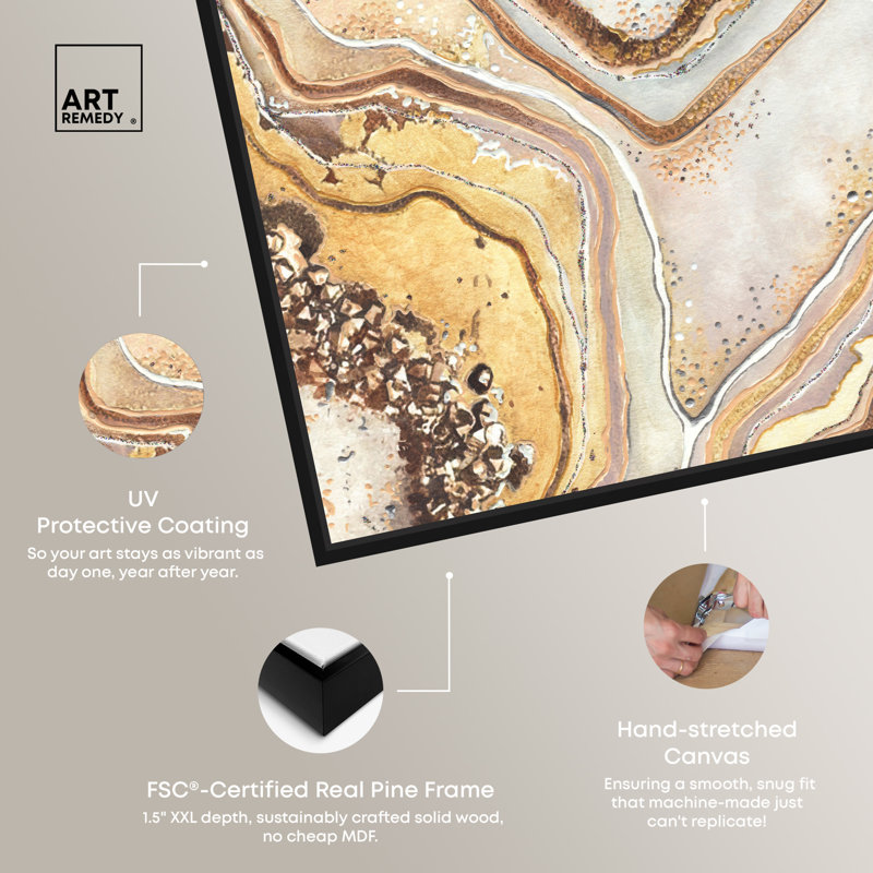 Golden Lines Abstract Canvas Wall Art with Black Frame