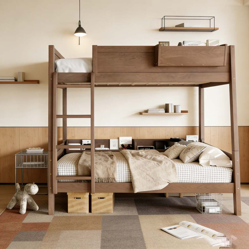 Bunk Bed With Storage Shelf and Bookshelf,Wood Bunk Bed with Ladder and Guardrails, Wood, Queen