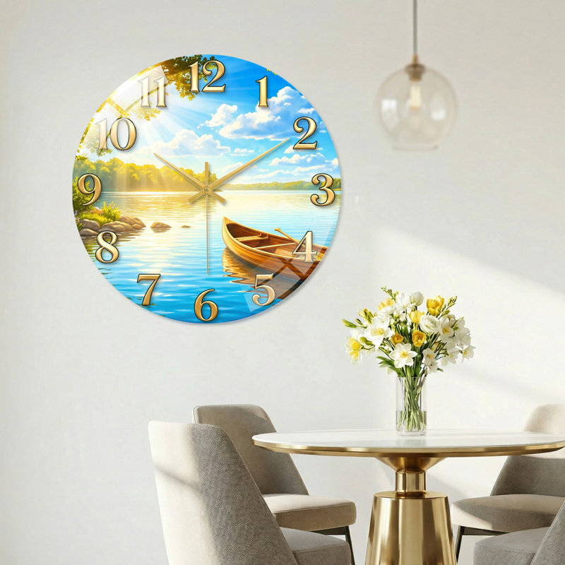 "Lake Scene", horloge murale en verre, 60 x 60 cm (23,6 x 23,6 pouces)