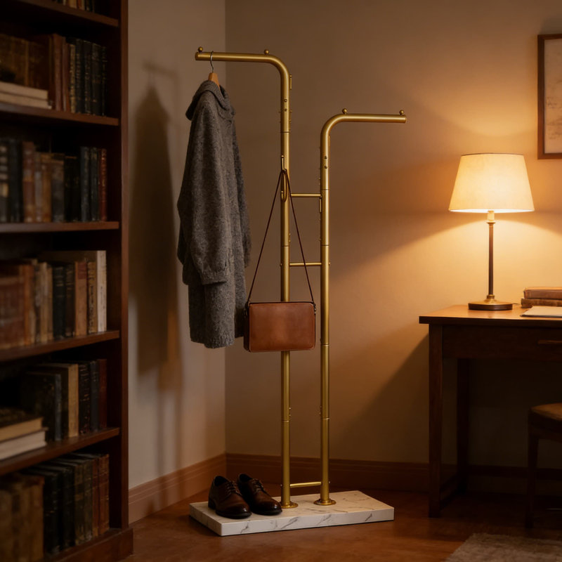 Portemanteau autoportant à deux poteaux avec 8 crochets et base d'aspect marbre, support à vêtements en métal robuste pour le vestibule, le salon et l'organisation de la chambre à coucher