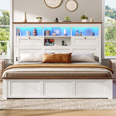 Wood Storage Bed Frame with Bookcase Headboard Farmhouse Heavy Duty Metal Platform Bed with Under-bed Drawers & Side Light Strip and Charging Station No Boxing Need