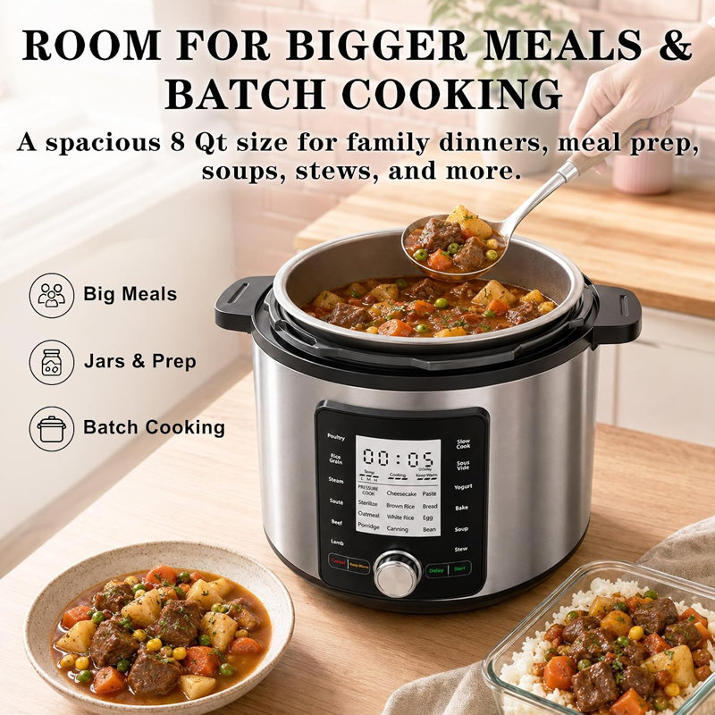 8Qt Silver Electric Pressure Cooker, 24 Cooking Programs, Touch & Dial Control, Delay Start Multi Cooker