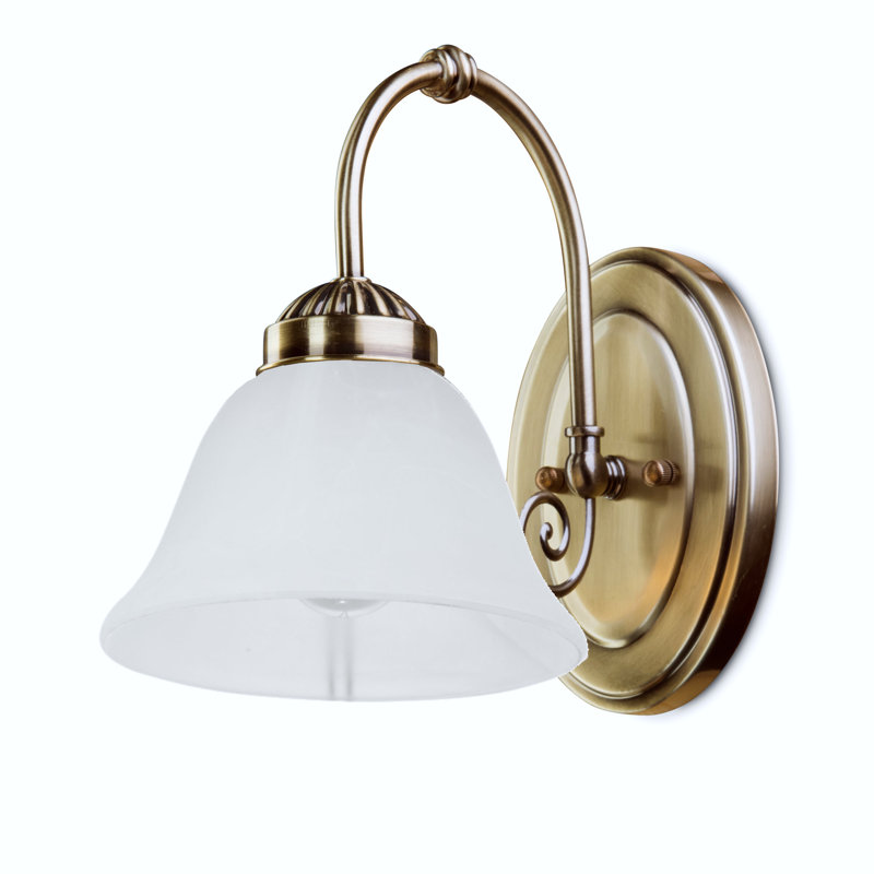 Brazell 1-Light Dimmable Antique Brass Armed Sconce Alabaster Style Glass